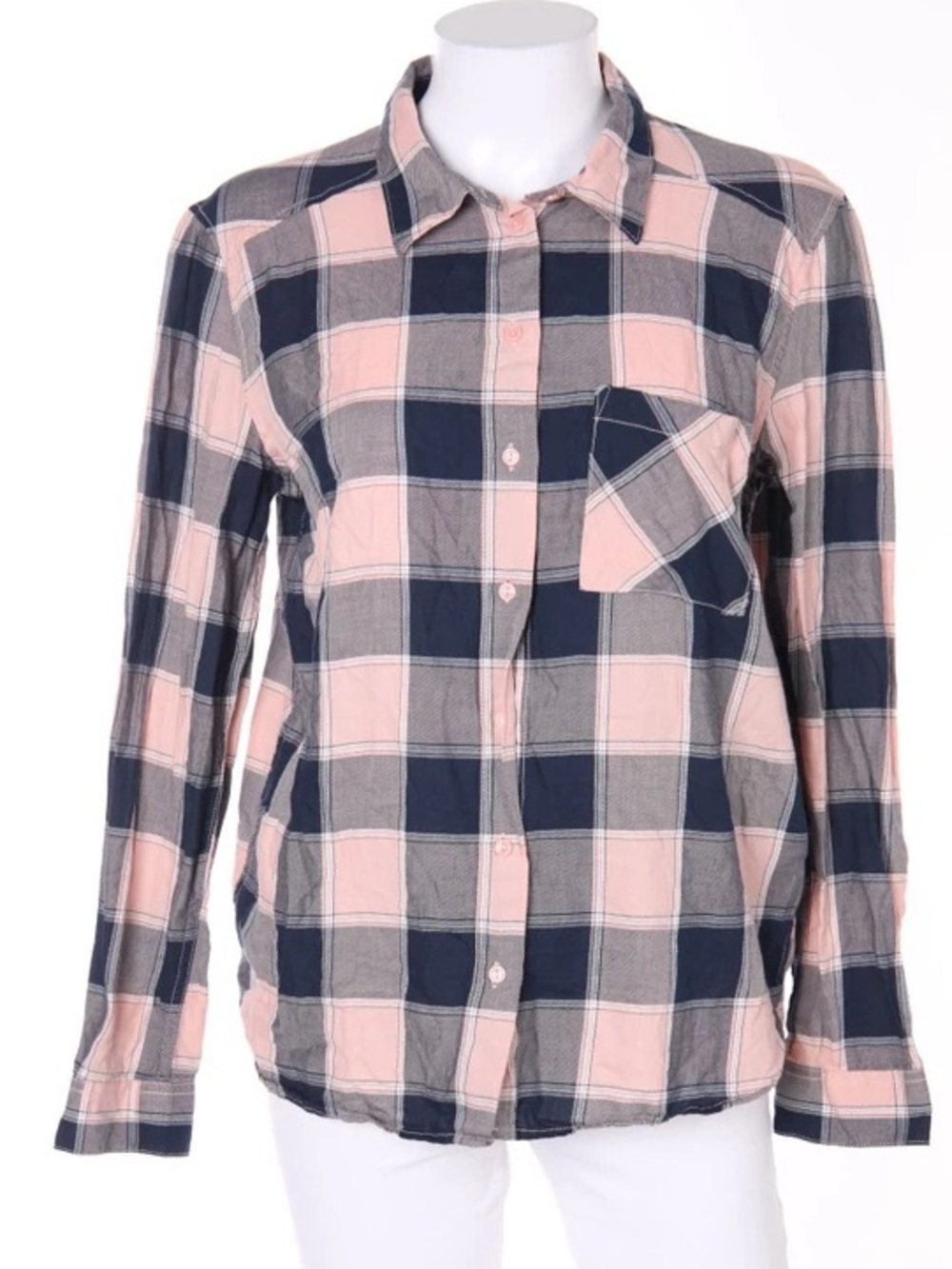 Women Pink and Navy Plaid Button-Up Shirt